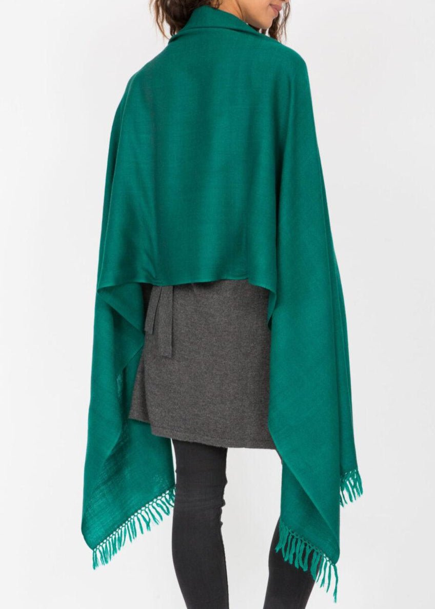 Handloom Merino Wool Herringbone Pashmina Scarf in Emerald Green - likemary