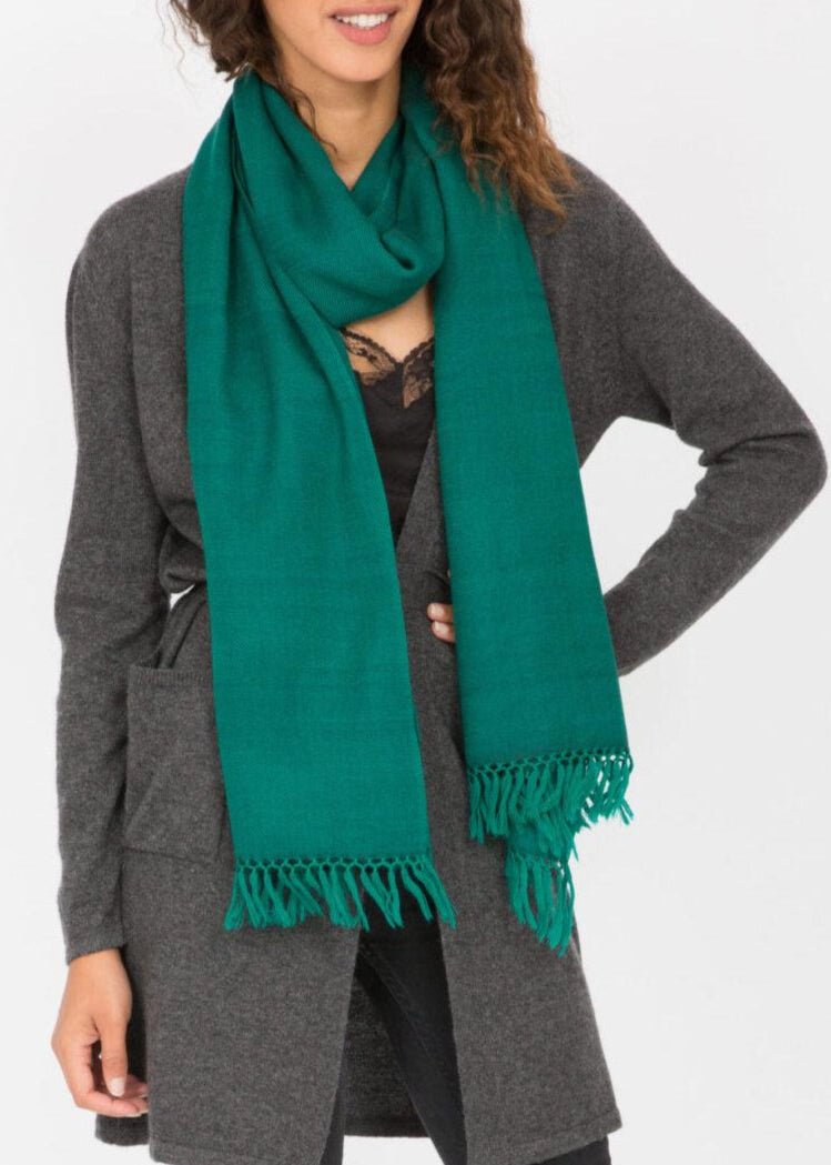 Handloom Merino Wool Herringbone Pashmina Scarf in Emerald Green - likemary