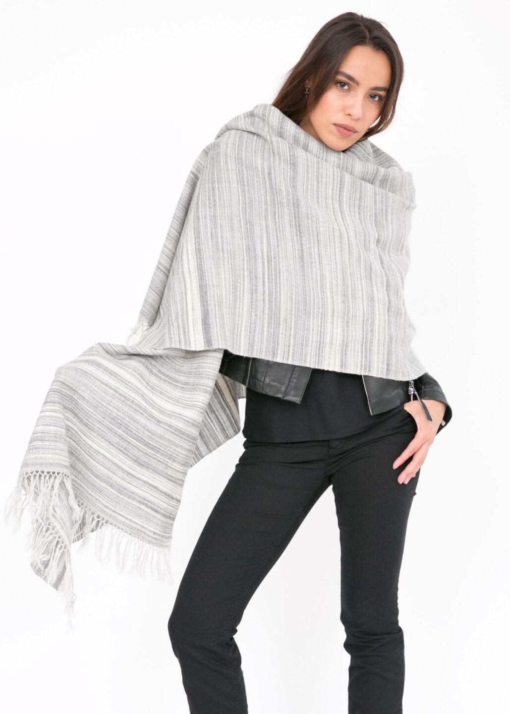 Handspun Merino Wool Oversized Blanket Scarf in Stripes Grey - likemary