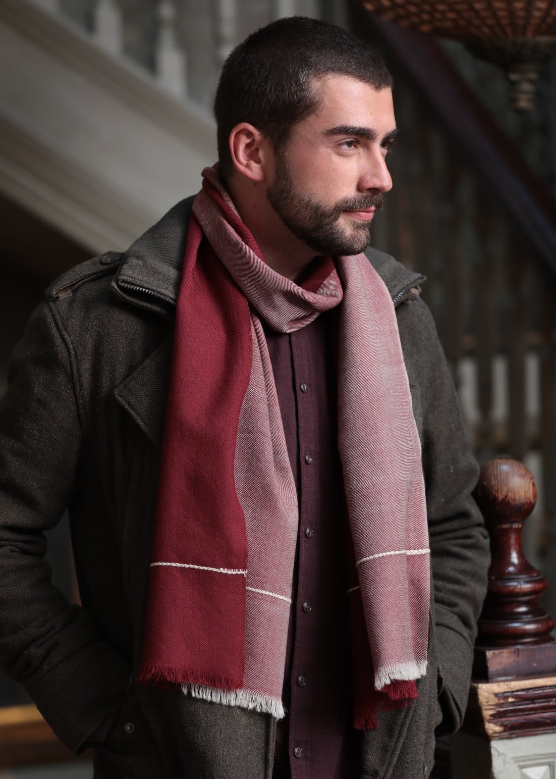 Handwoven Merino Scarf in Twill & Herringbone Mix Maroon - likemary