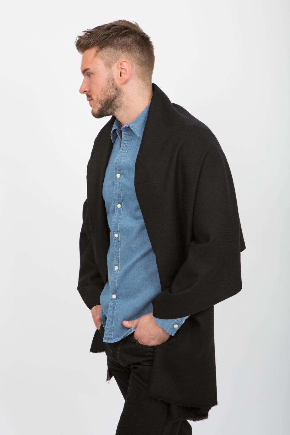 Handwoven Merino Wool Blanket Scarf for Men in Black - likemary