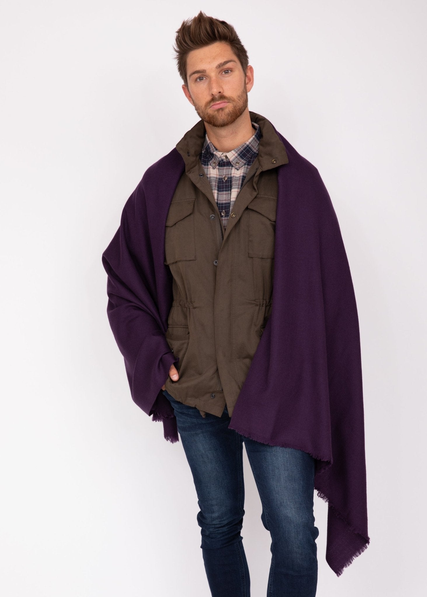 Handwoven Merino Wool Blanket Scarf for Men in Purple - likemary