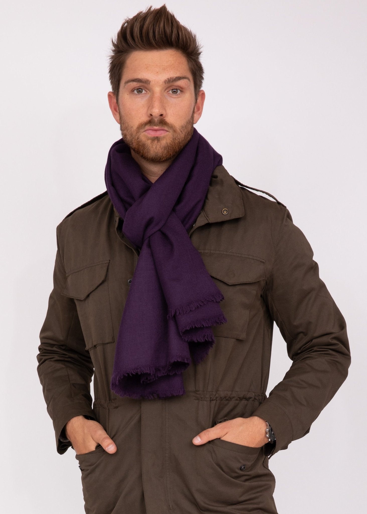 Handwoven Merino Wool Blanket Scarf for Men in Purple - likemary