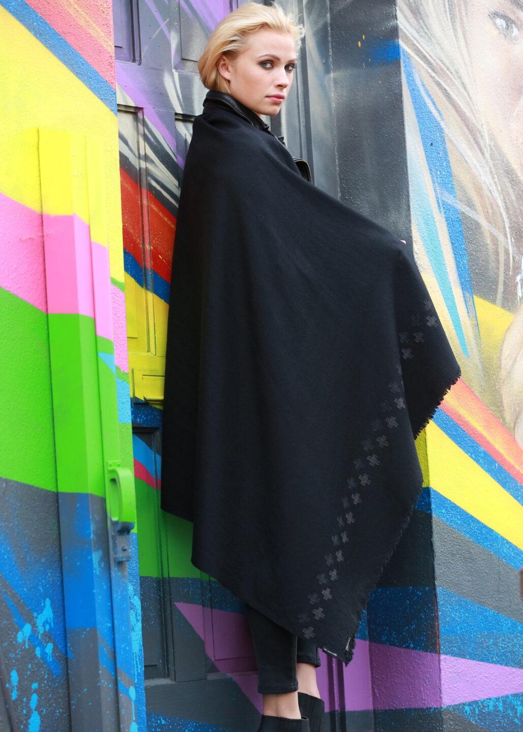 Handwoven Merino Wool Blanket Scarf in Black with Cross Motif - likemary