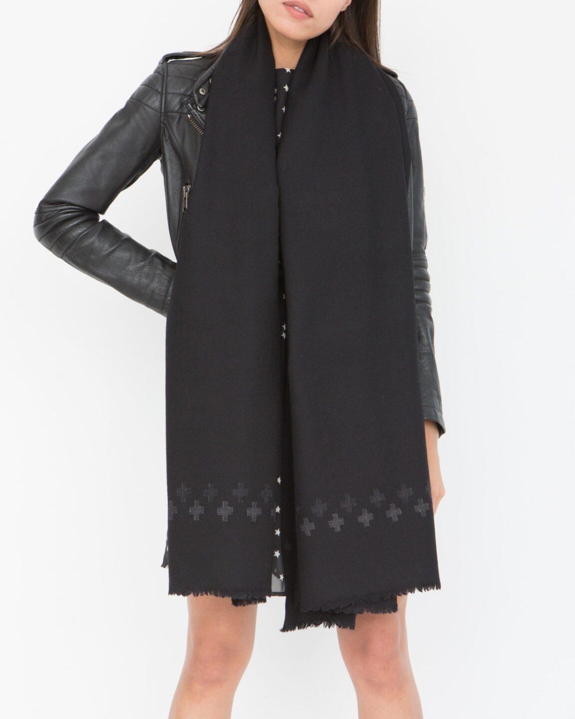 Handwoven Merino Wool Blanket Scarf in Black with Cross Motif - likemary