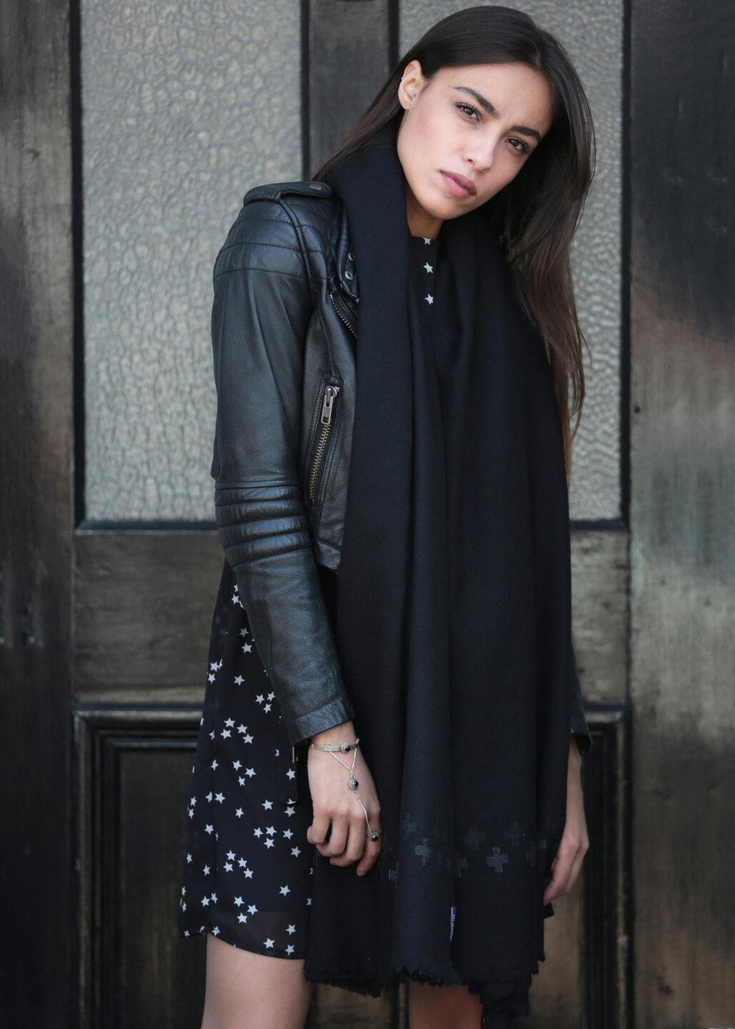 Handwoven Merino Wool Blanket Scarf in Black with Cross Motif - likemary