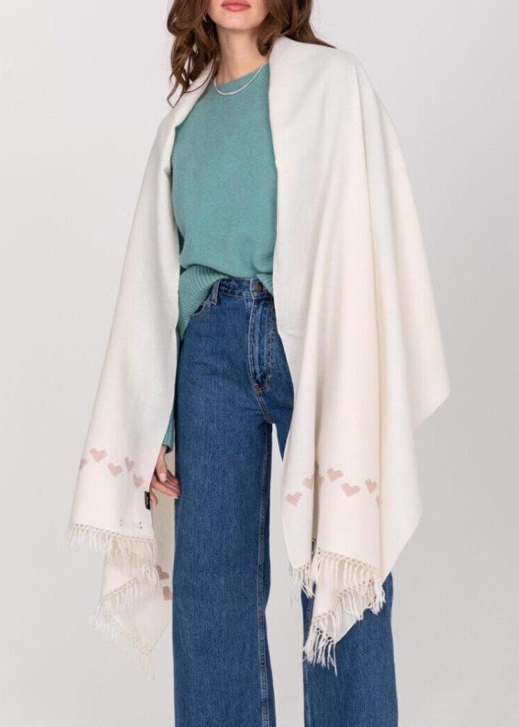 Handwoven Merino Wool Blanket Scarf in Cream with Love Hearts Motif - likemary