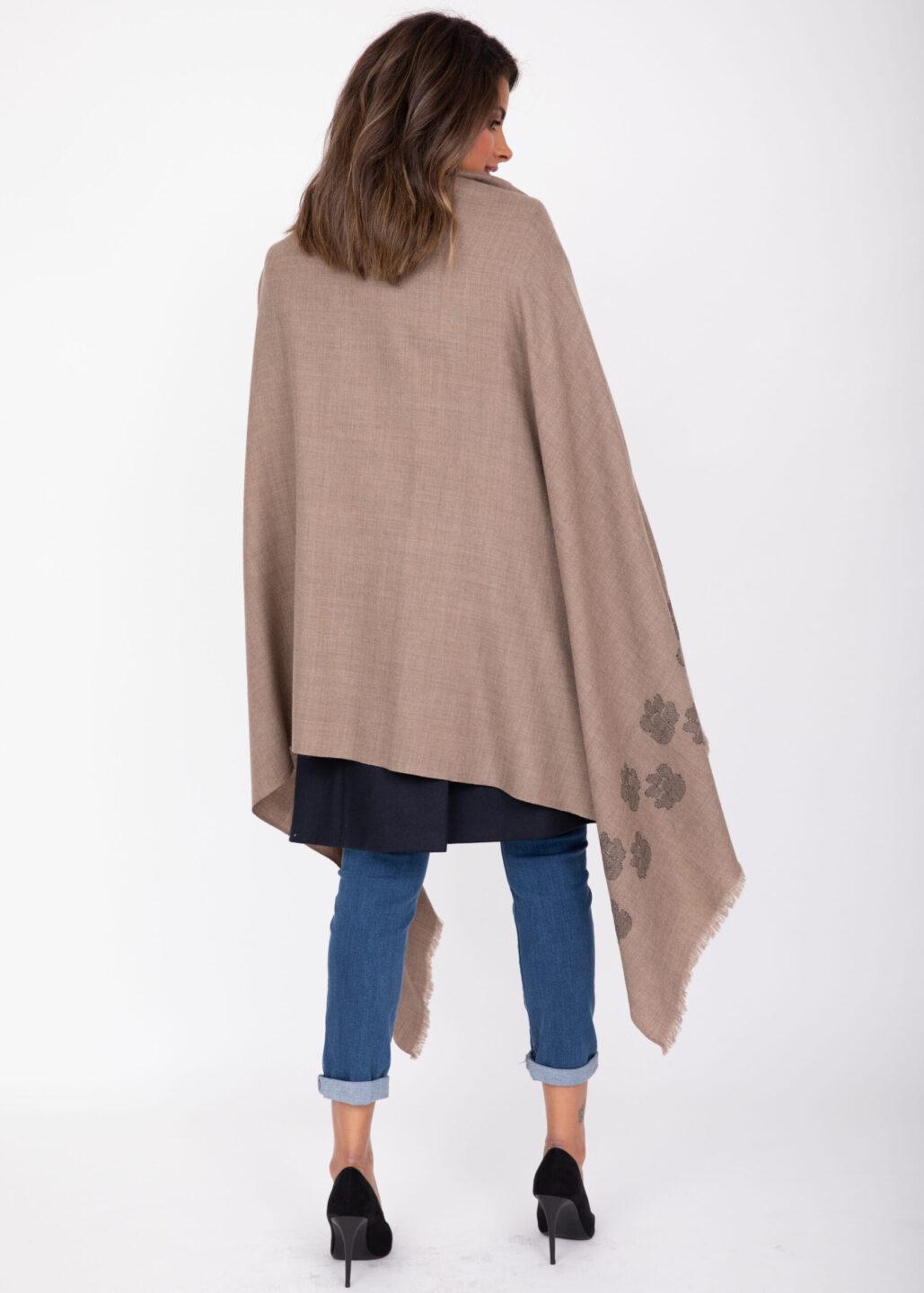 Handwoven Merino Wool Blanket Scarf in Mocha Brown with Paws Motif - likemary