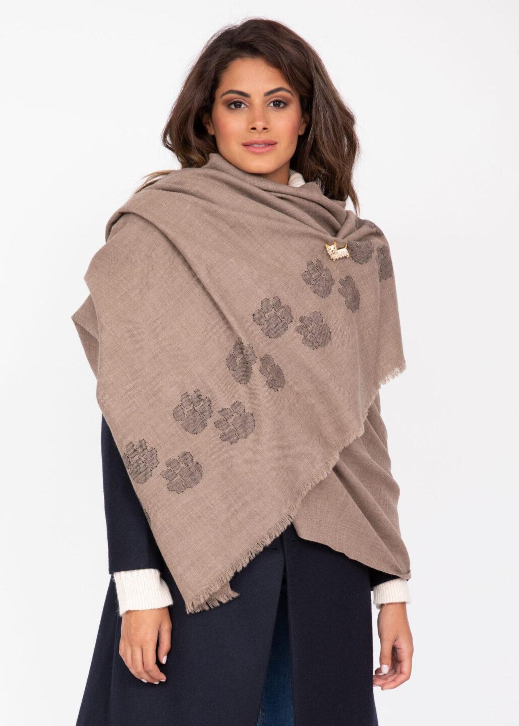 Handwoven Merino Wool Blanket Scarf in Mocha Brown with Paws Motif - likemary