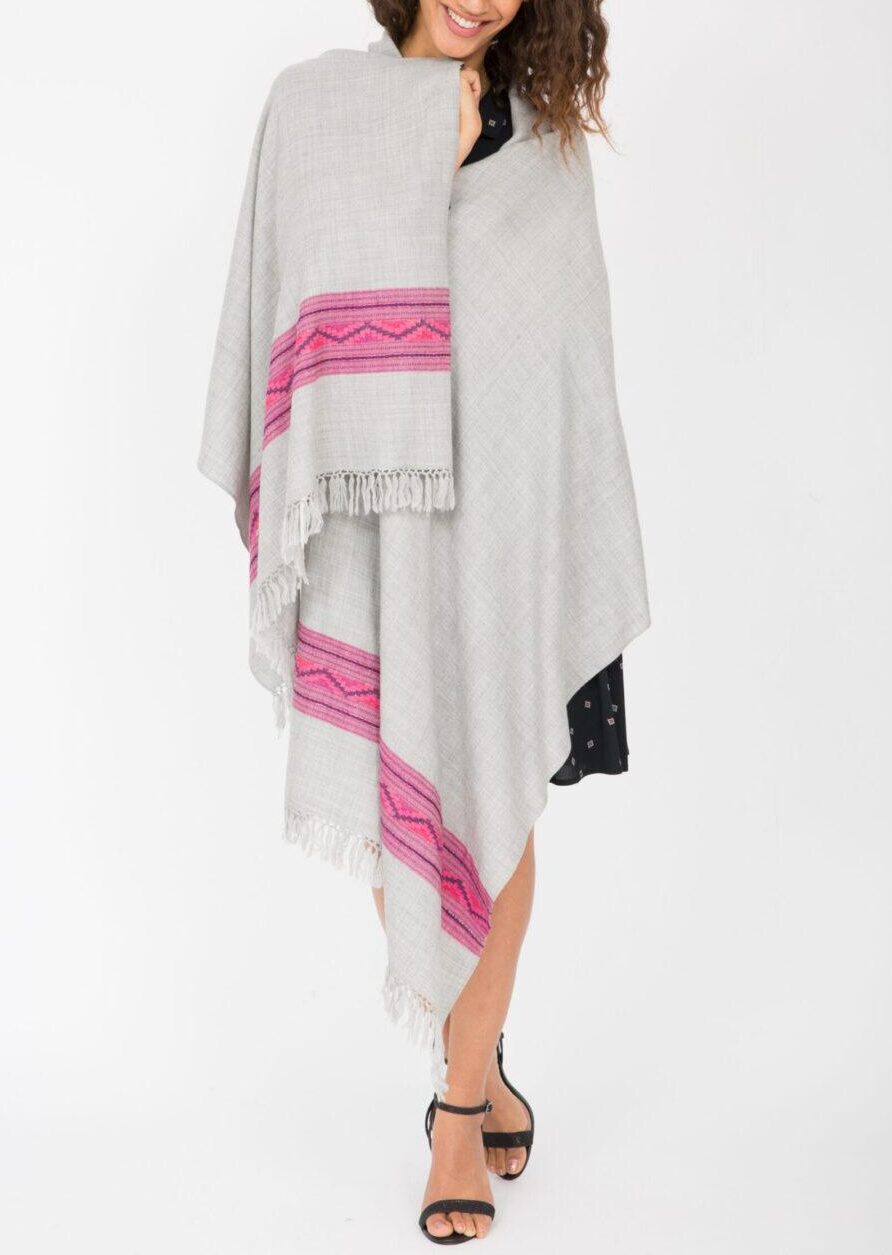 Handwoven Merino Wool Blanket Scarf with Himalaya Border in Grey - likemary