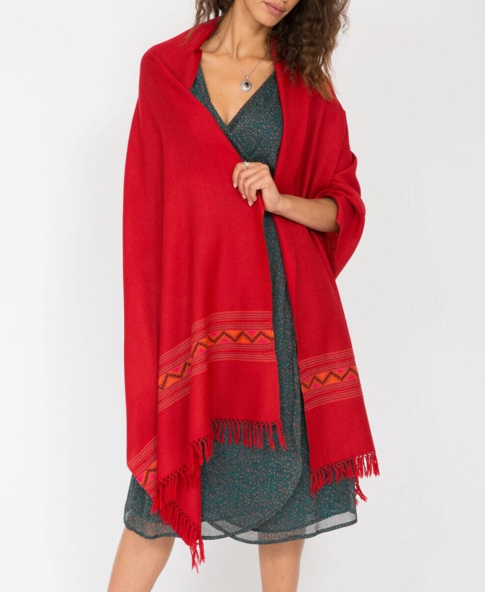 Handwoven Merino Wool Blanket Scarf with Himalaya Border in Red - likemary