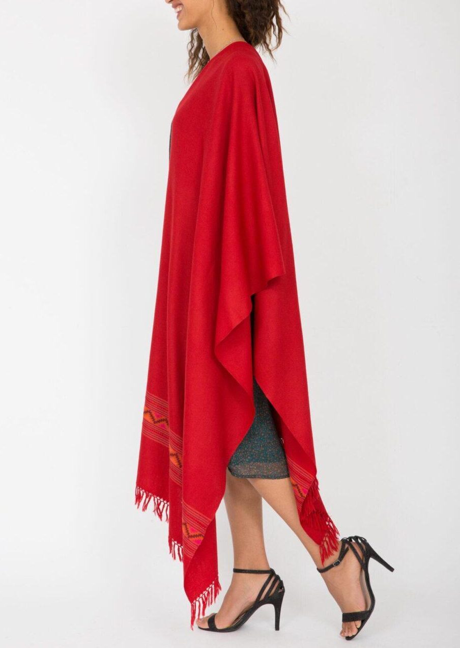 Handwoven Merino Wool Blanket Scarf with Himalaya Border in Red - likemary