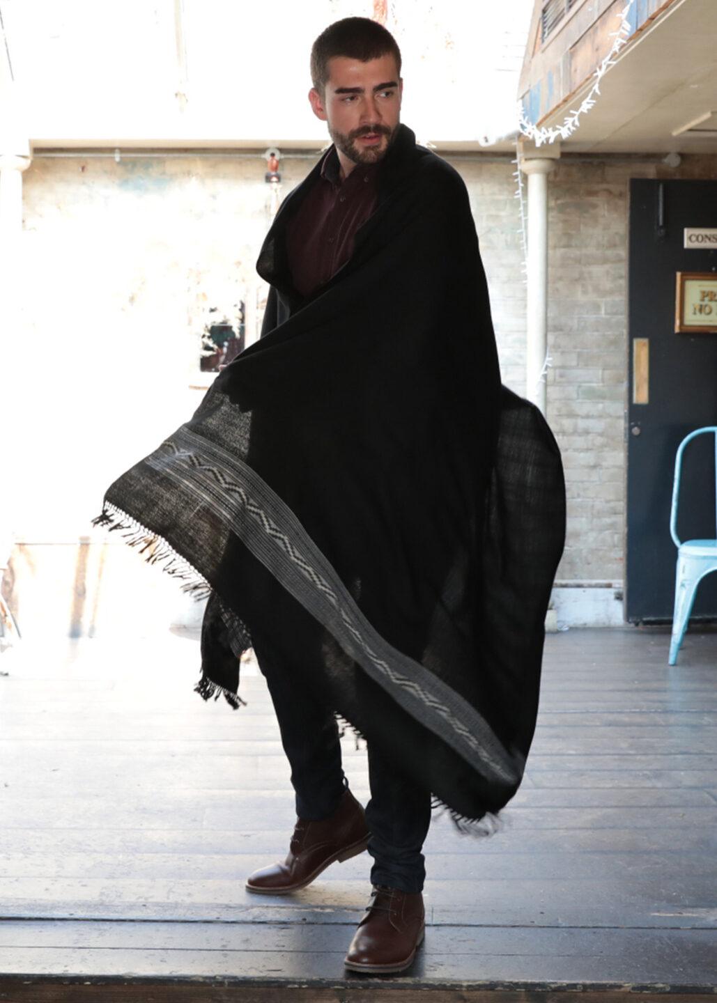 Handwoven Merino Wool Men's Blanket Scarf with Himalaya Border in Black - likemary