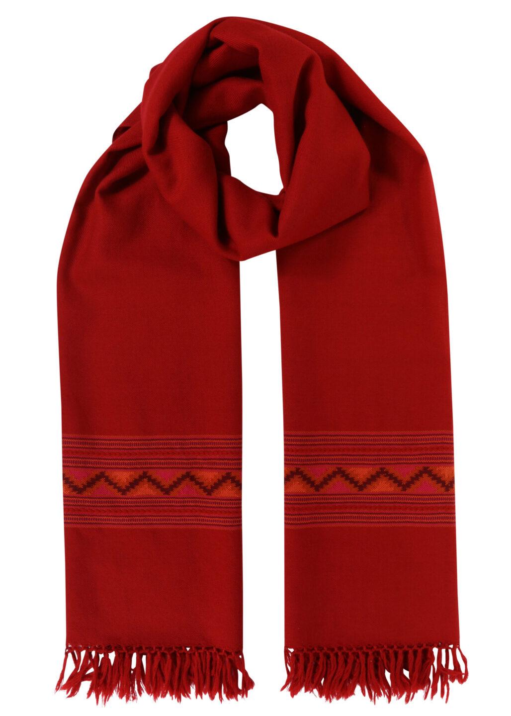 Handwoven Merino Wool Men's Blanket Scarf with Himalaya Border in Red - likemary