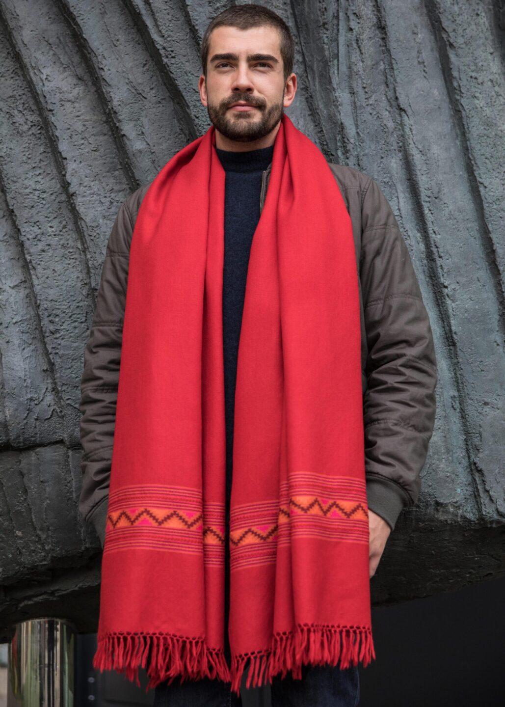 Handwoven Merino Wool Men's Blanket Scarf with Himalaya Border in Red - likemary