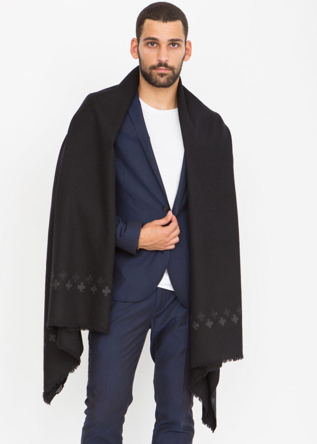 Handwoven Merino Wool Oversize Scarf in Black with Cross Motif - likemary
