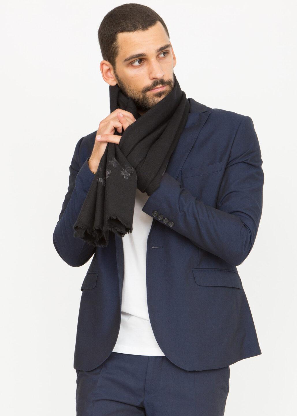 Handwoven Merino Wool Oversize Scarf in Black with Cross Motif - likemary