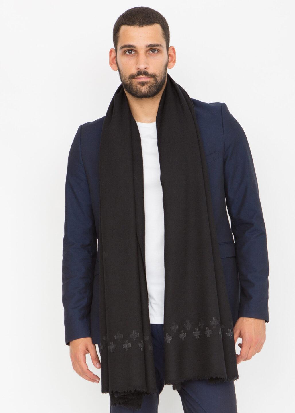 Handwoven Merino Wool Oversize Scarf in Black with Cross Motif - likemary