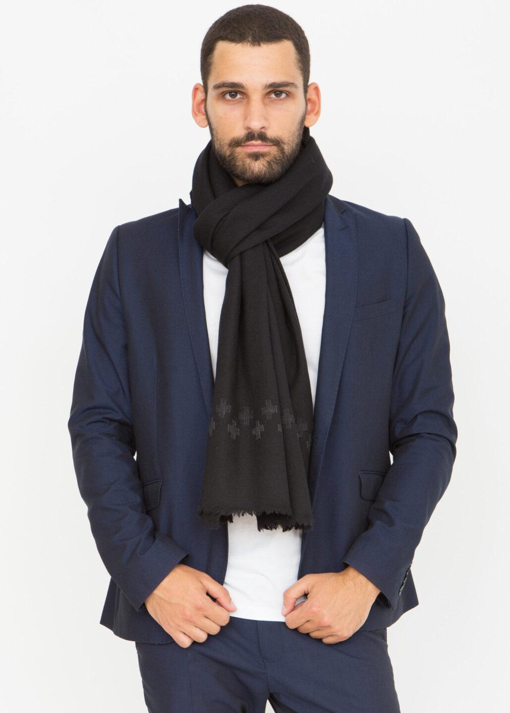 Handwoven Merino Wool Oversize Scarf in Black with Cross Motif - likemary