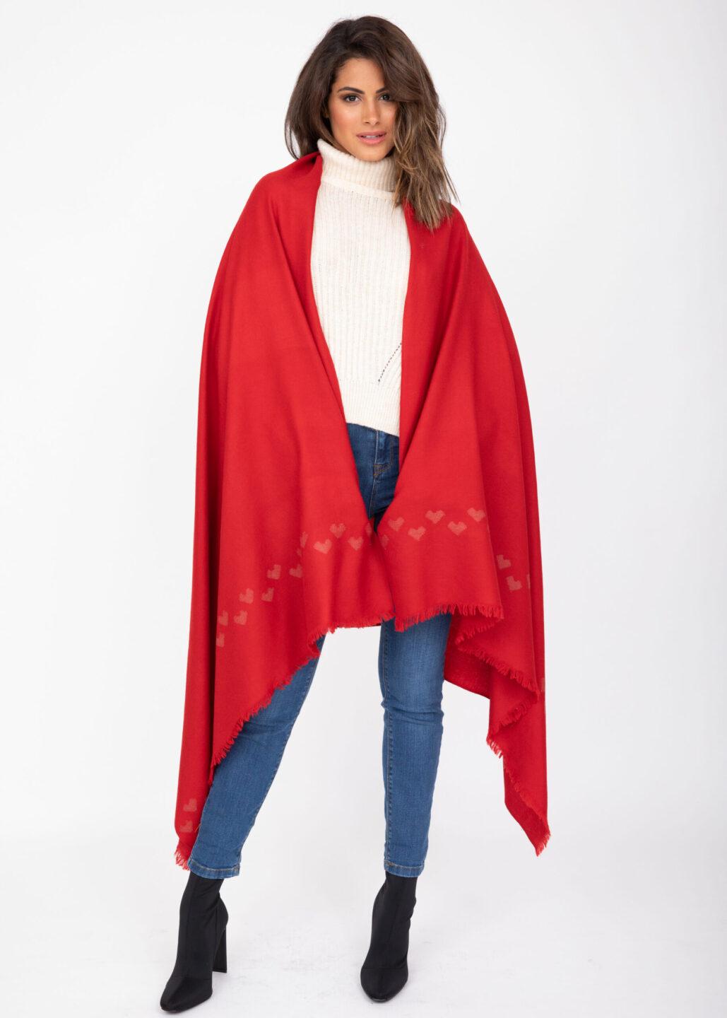 Handwoven Merino Wool Shawl Scarf – Red with Love Hearts Motif - likemary