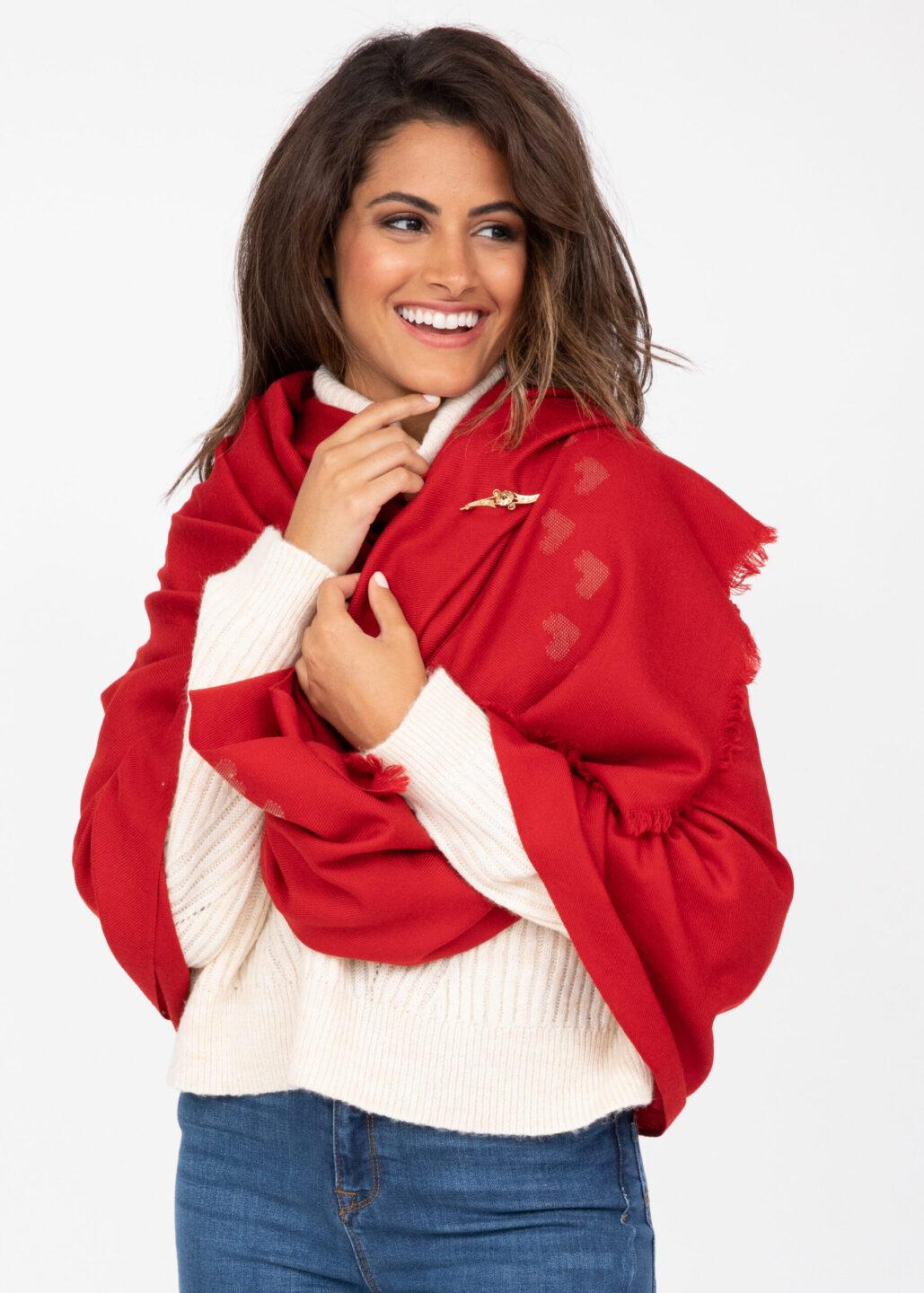 Handwoven Merino Wool Shawl Scarf – Red with Love Hearts Motif - likemary