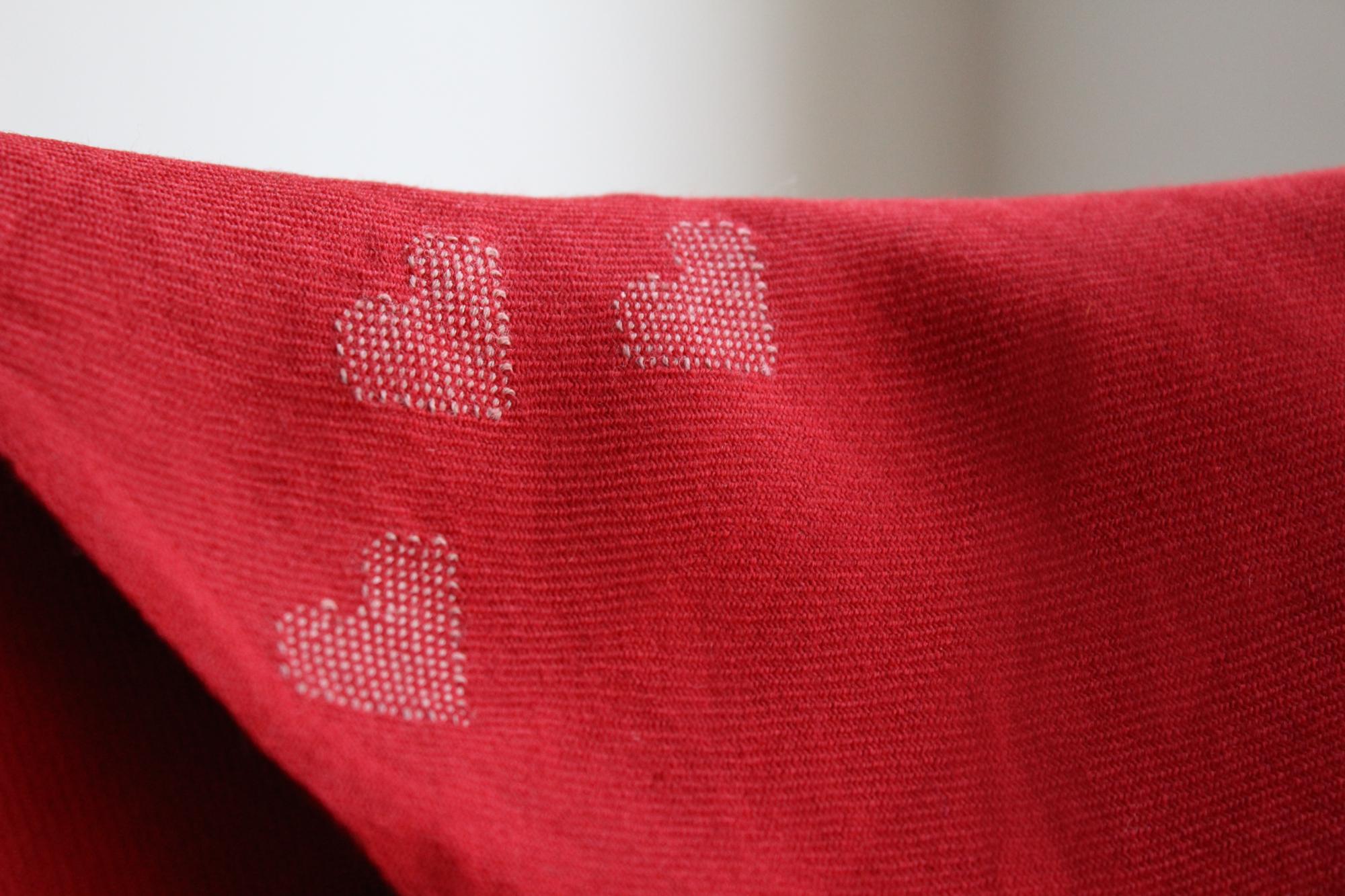 Handwoven Merino Wool Shawl Scarf – Red with Love Hearts Motif - likemary