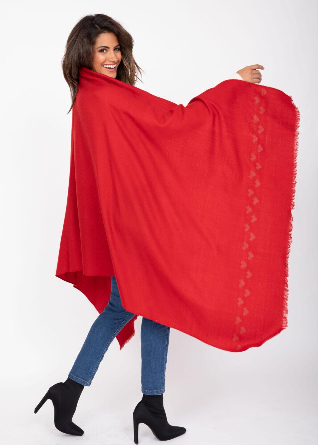 Handwoven Merino Wool Shawl Scarf – Red with Love Hearts Motif - likemary