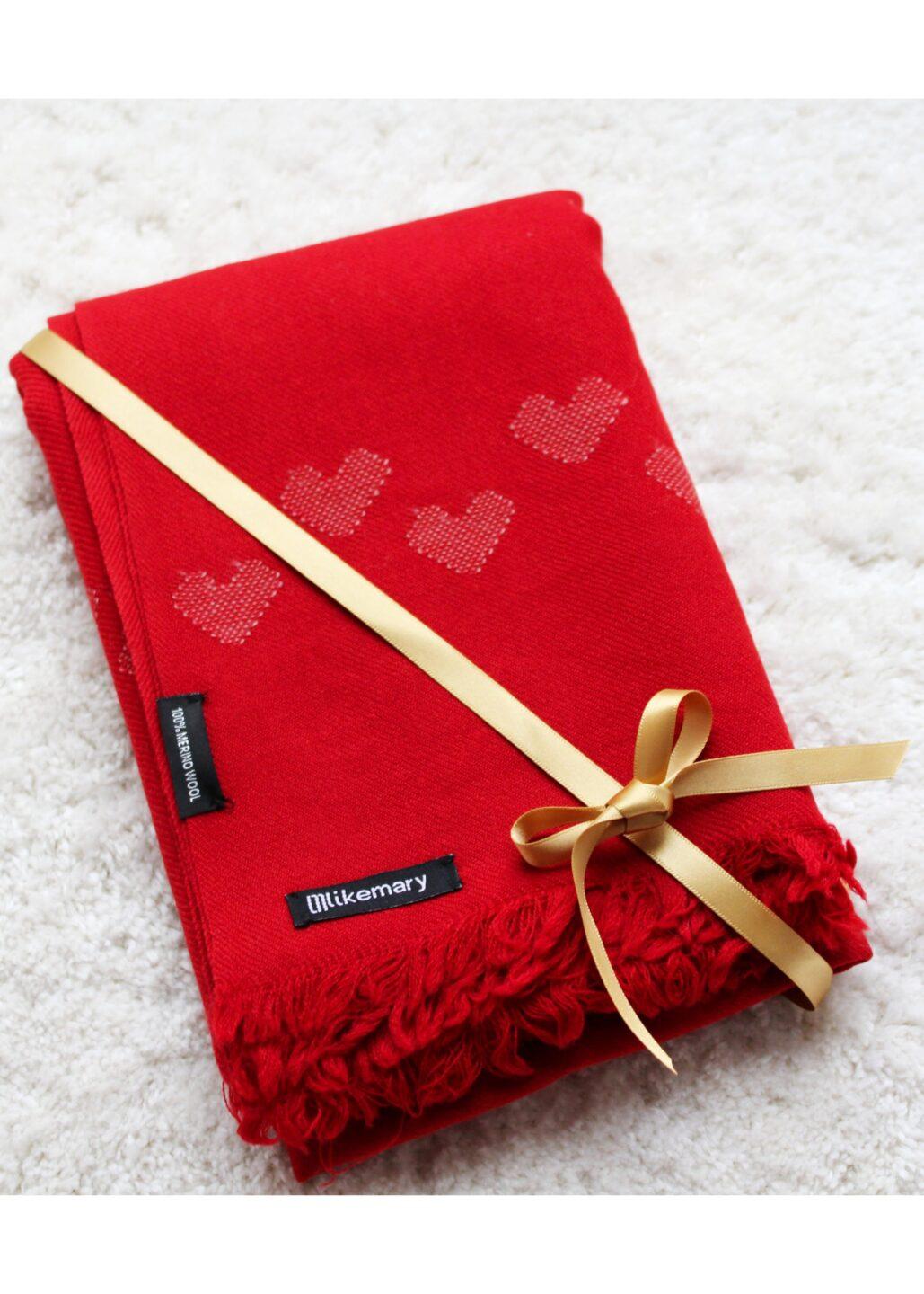 Handwoven Merino Wool Shawl Scarf – Red with Love Hearts Motif - likemary