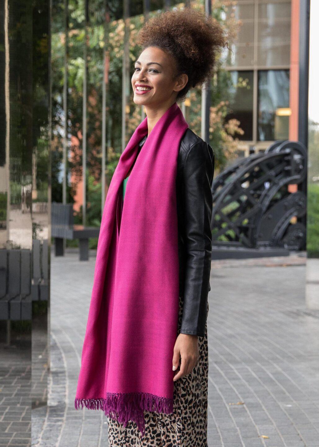 Herringbone Scarf - Handwoven Merino Wool Wrap Fuchsia Pink - likemary