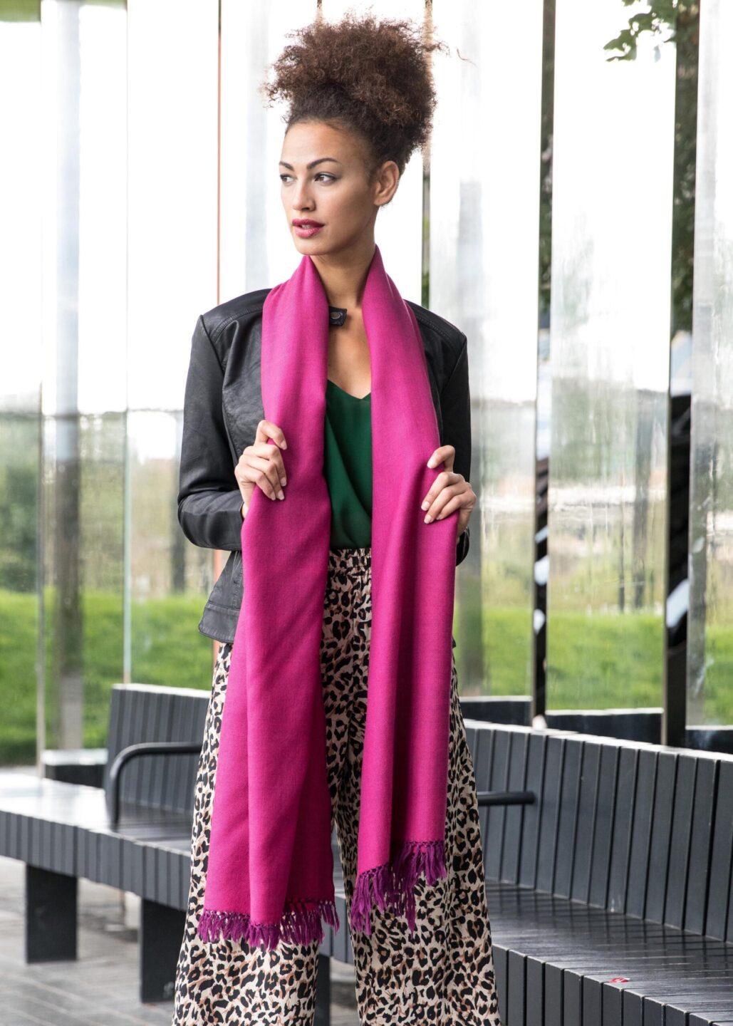 Herringbone Scarf - Handwoven Merino Wool Wrap Fuchsia Pink - likemary