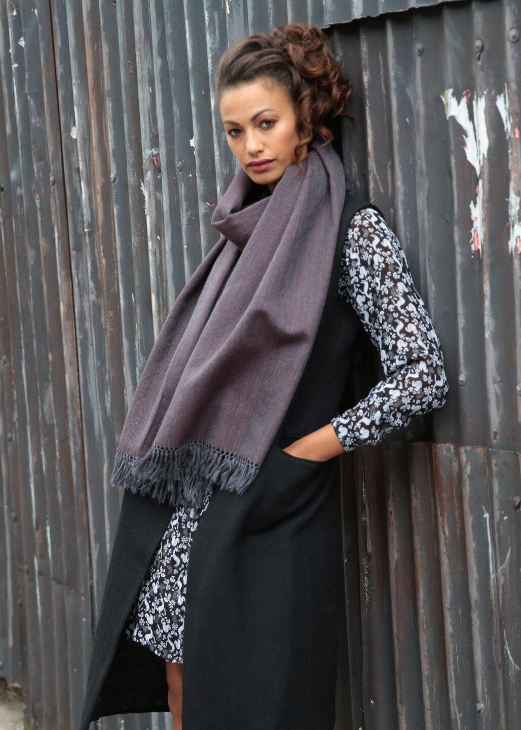 Herringbone Scarf - Handwoven Merino Wool Wrap in Grey & Purple Mix - likemary