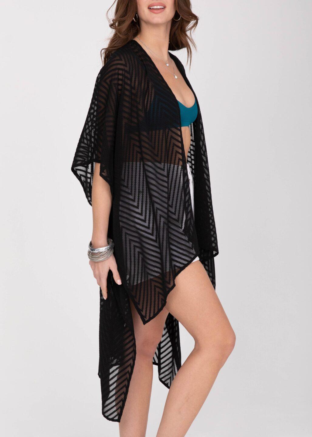 High - Low Sheer Zig - Zag Kimono in Black - likemary