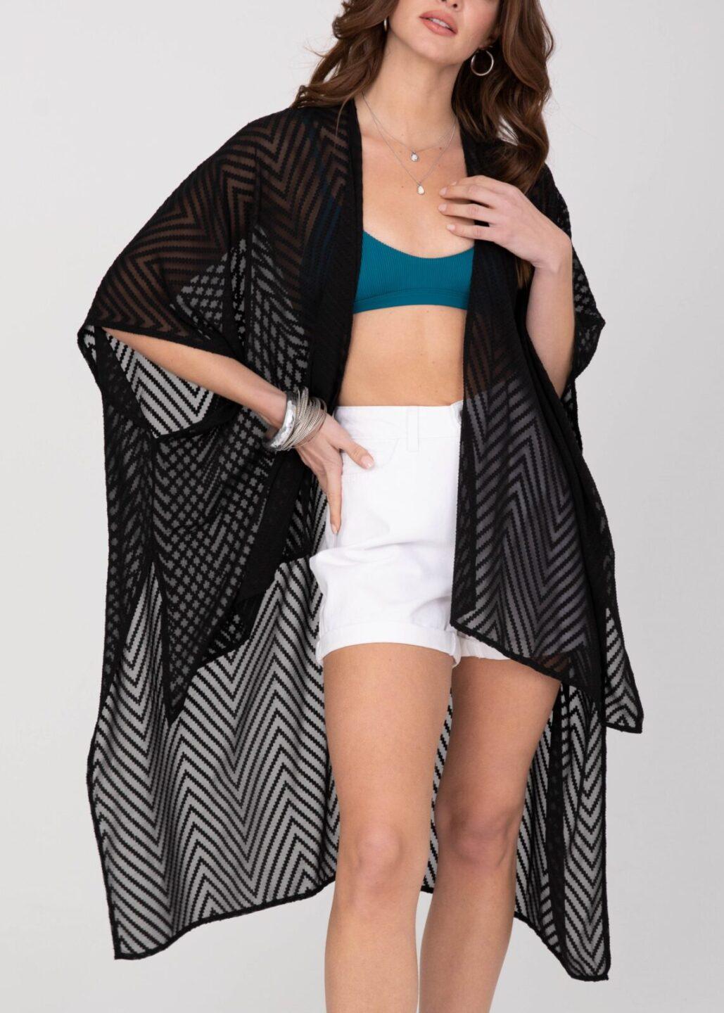 High - Low Sheer Zig - Zag Kimono in Black - likemary