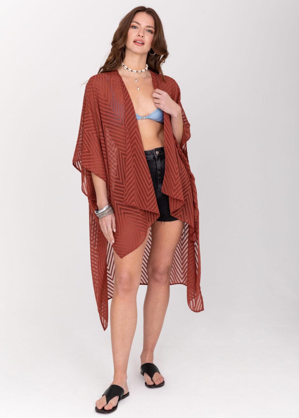 High - Low Zig Zag Kimono in Orange Rust - likemary