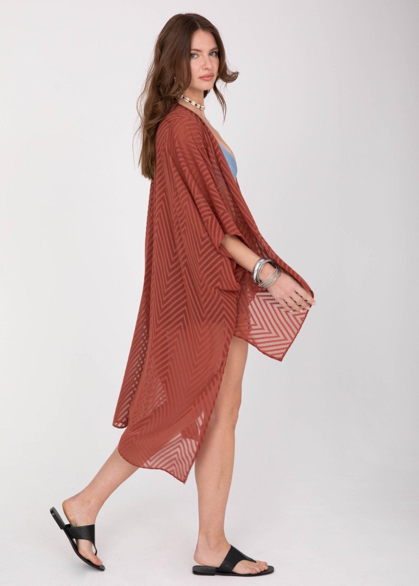 High - Low Zig Zag Kimono in Orange Rust - likemary