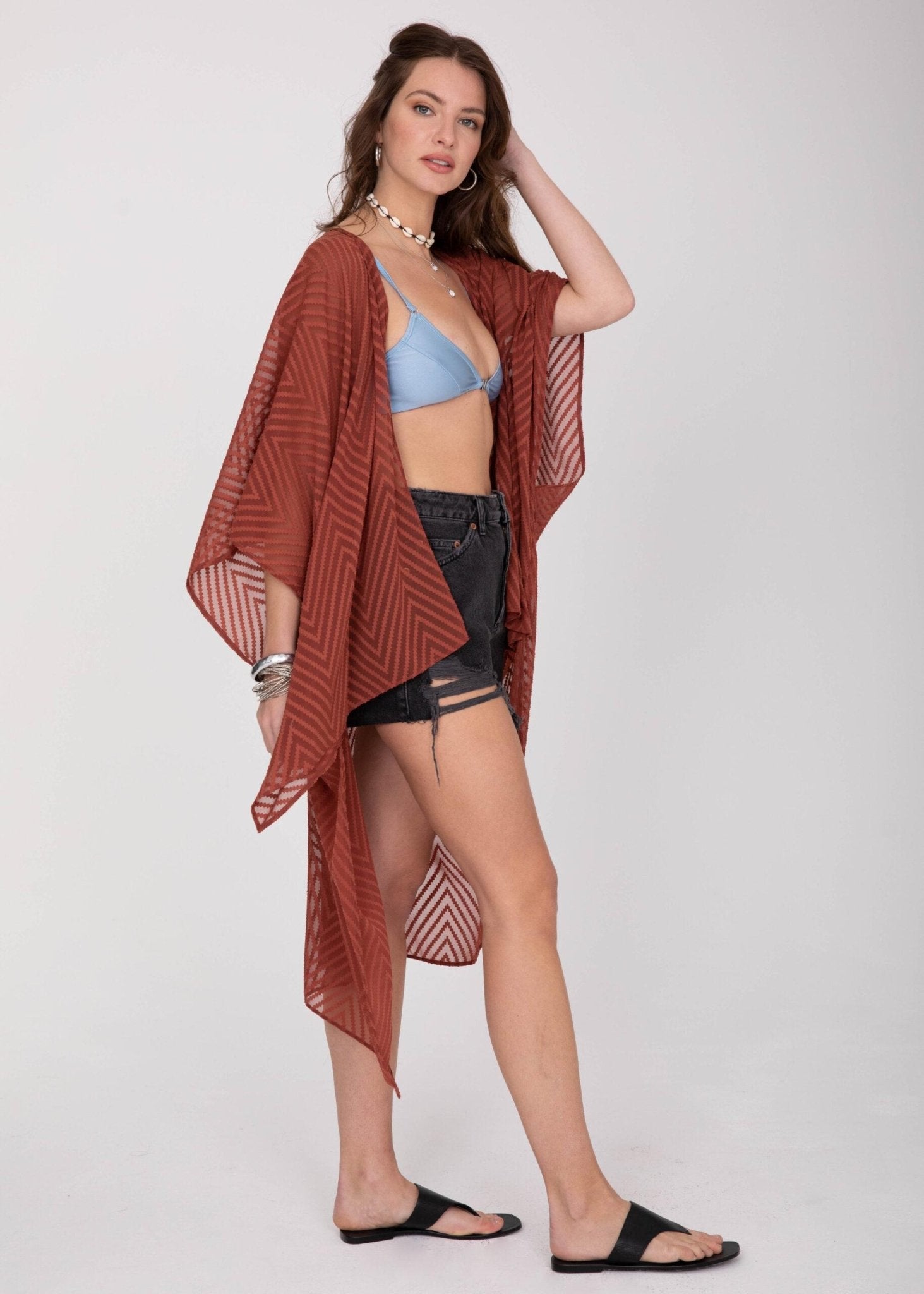 High - Low Zig Zag Kimono in Orange Rust - likemary