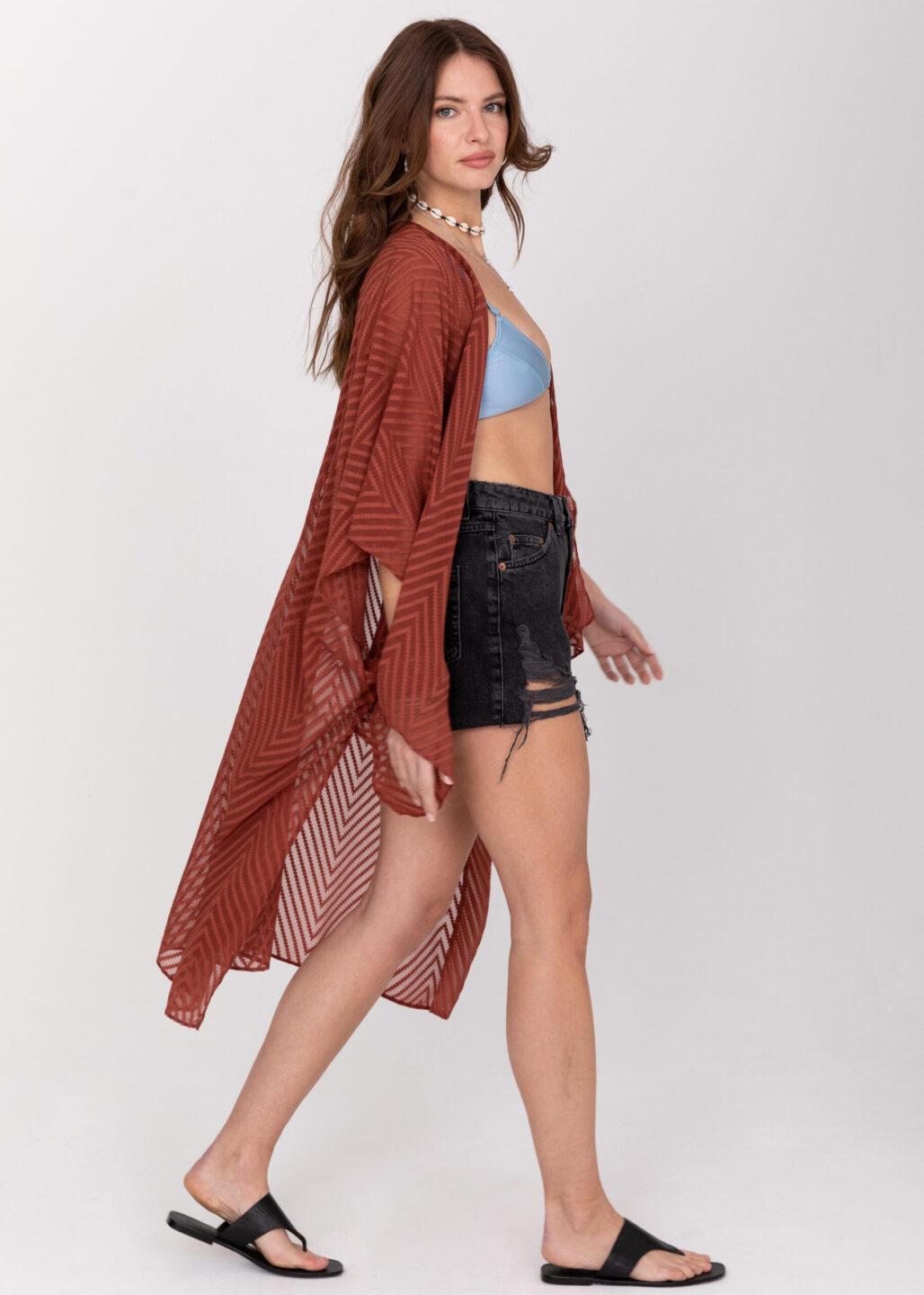 High - Low Zig Zag Kimono in Orange Rust - likemary