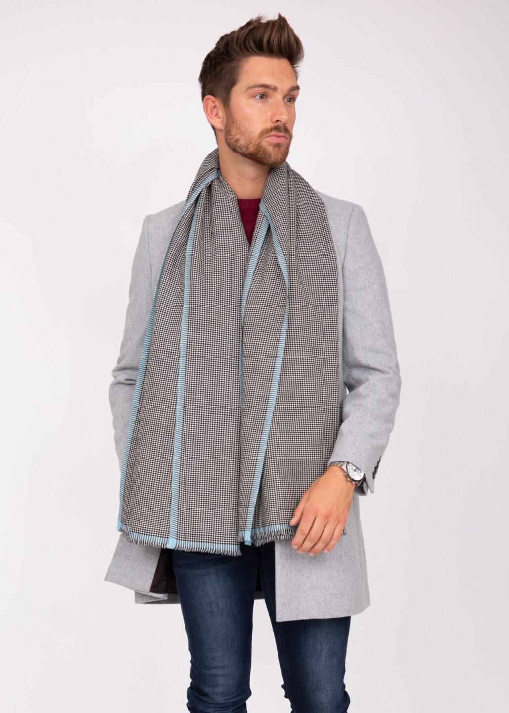 Houndstooth Merino Handwoven Men's Scarf with Crystal Blue Border - likemary