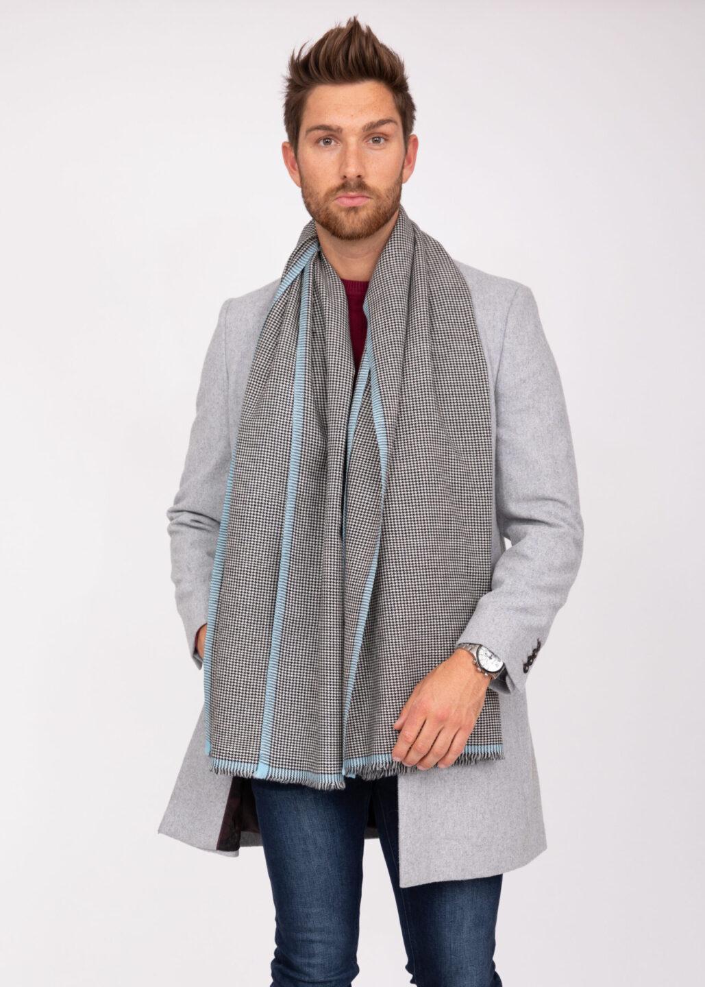 Houndstooth Merino Handwoven Men's Scarf with Crystal Blue Border - likemary