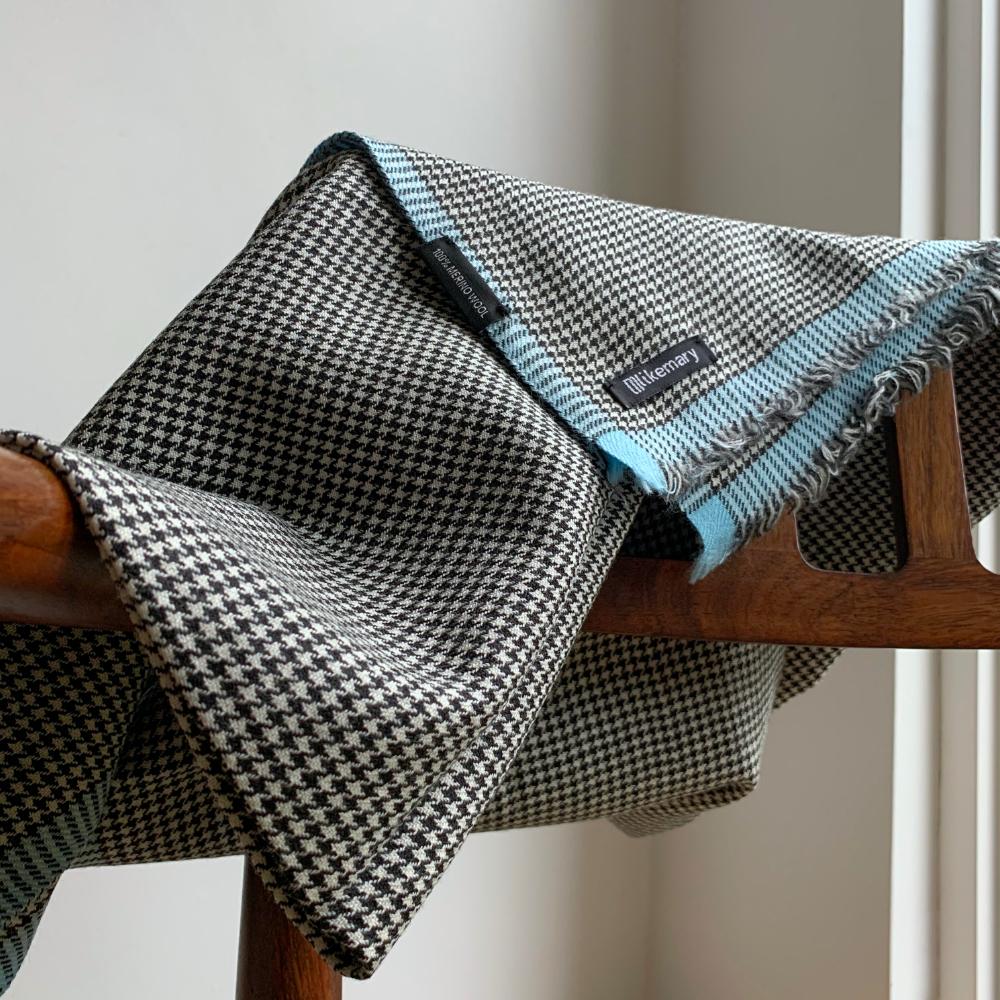 Houndstooth Merino Handwoven Pashmina & Oversize Scarf 60 X 190cm with Crystal Blue - likemary