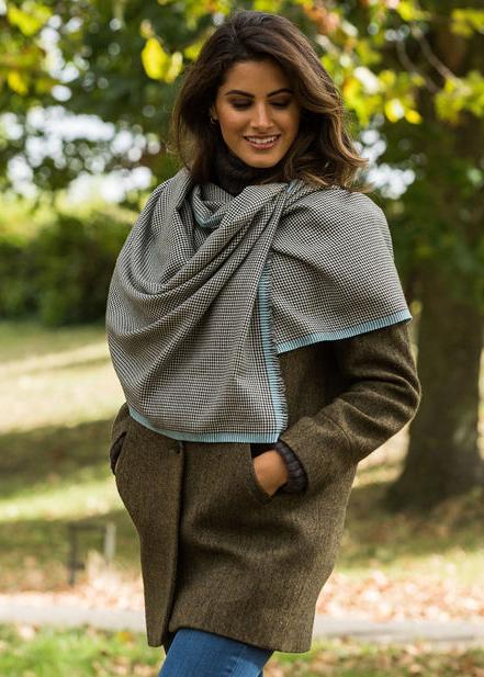 Houndstooth Merino Handwoven Pashmina & Oversize Scarf 60 X 190cm with Crystal Blue - likemary