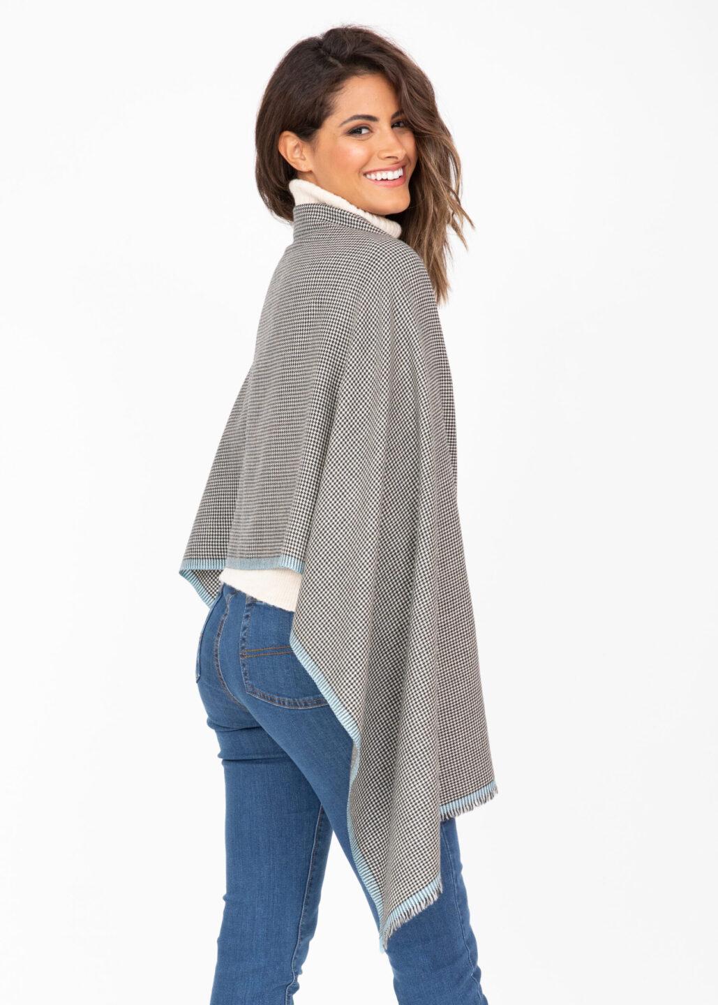 Houndstooth Merino Handwoven Pashmina & Oversize Scarf 60 X 190cm with Crystal Blue - likemary