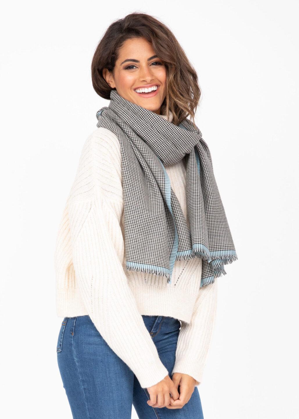 Houndstooth Merino Handwoven Pashmina & Oversize Scarf 60 X 190cm with Crystal Blue - likemary