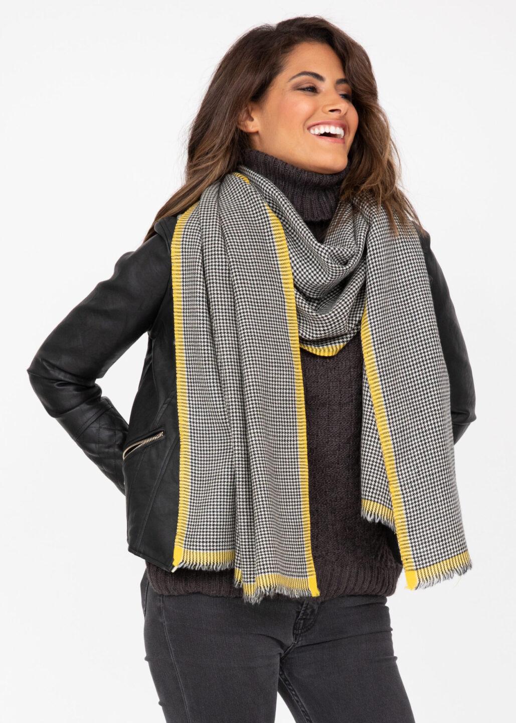 Houndstooth Merino Handwoven Pashmina & Oversize Scarf 60 X 190cm with Inca Yellow - likemary