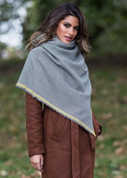 Houndstooth Merino Handwoven Pashmina & Oversize Scarf 60 X 190cm with Inca Yellow - likemary