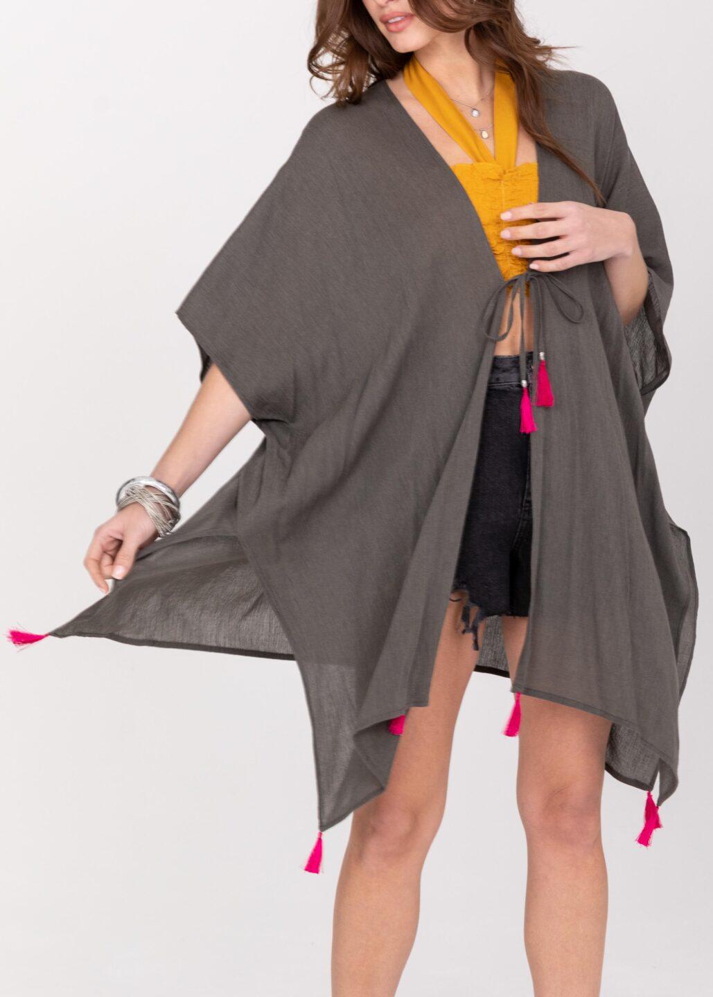 Kimono Beach Cover Up in Grey with Hot Pink Tassels - likemary