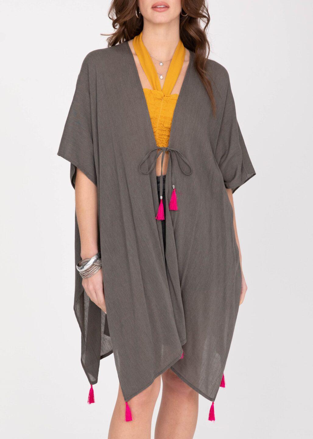 Kimono Beach Cover Up in Grey with Hot Pink Tassels - likemary