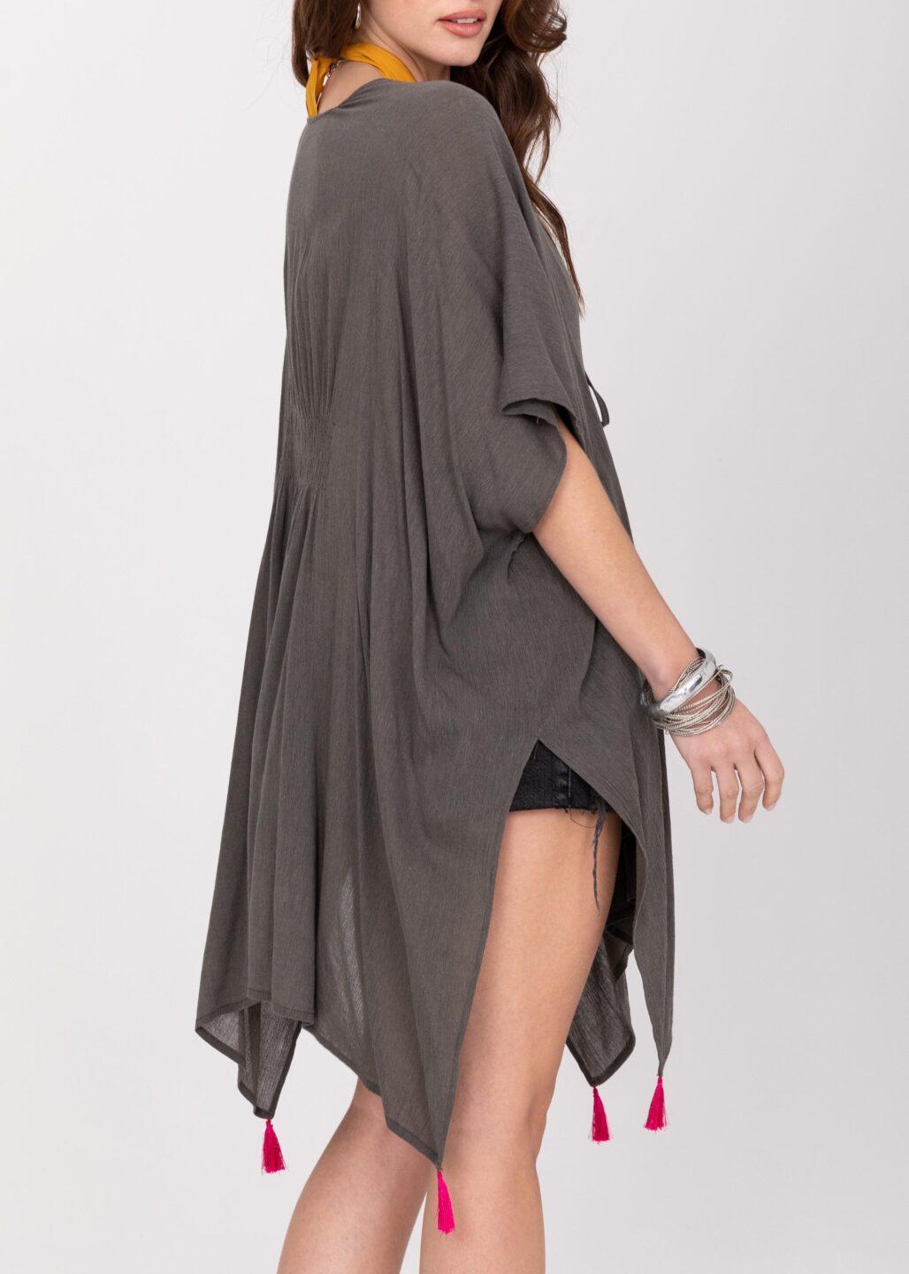 Kimono Beach Cover Up in Grey with Hot Pink Tassels - likemary