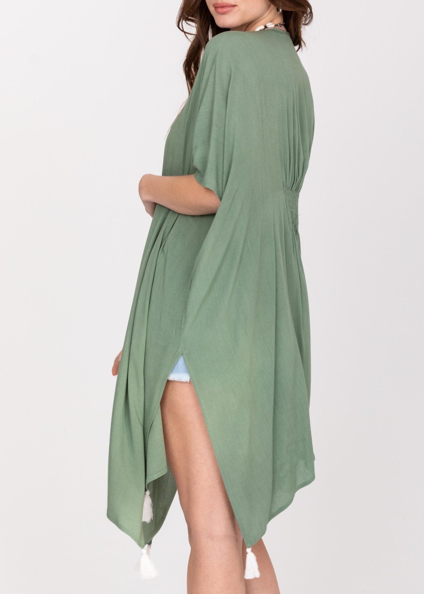 Kimono Beach Cover - Up in Verona Green with Tassels - likemary
