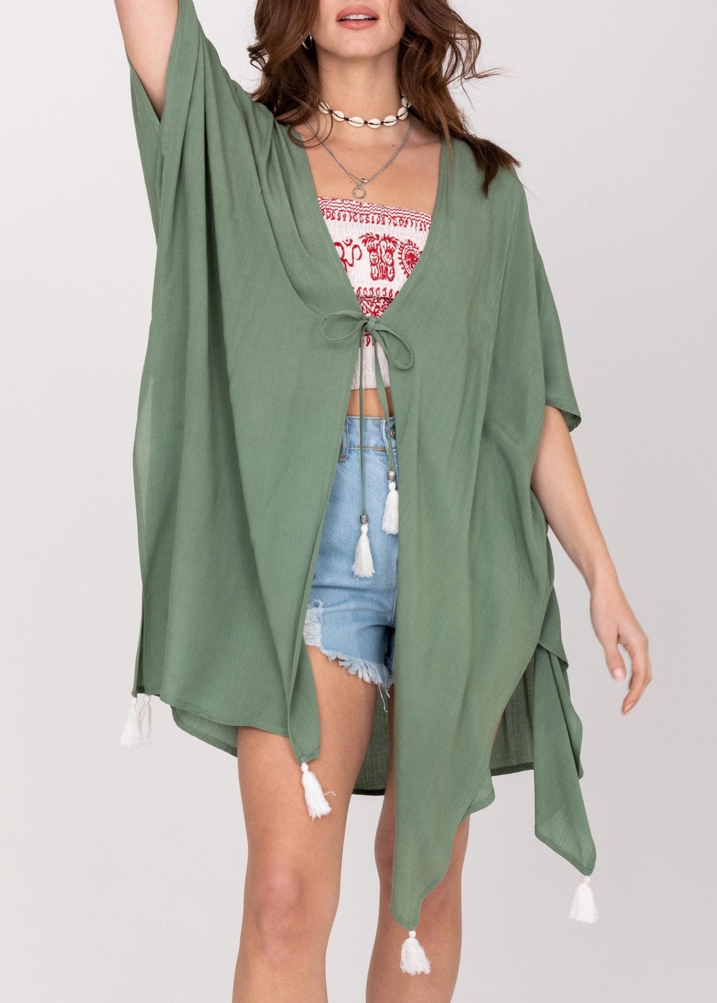 Kimono Beach Cover - Up in Verona Green with Tassels - likemary